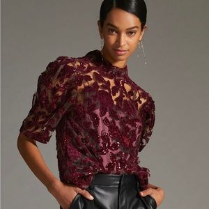 By Anthropologie Velvet Cutwork Blouse and Cami Set